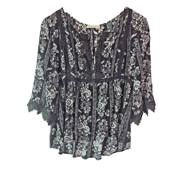 Hazel Jacqueline Boho Tunic Top – Size Large – Black White Floral Crochet Stitch - Picture 1 of 10